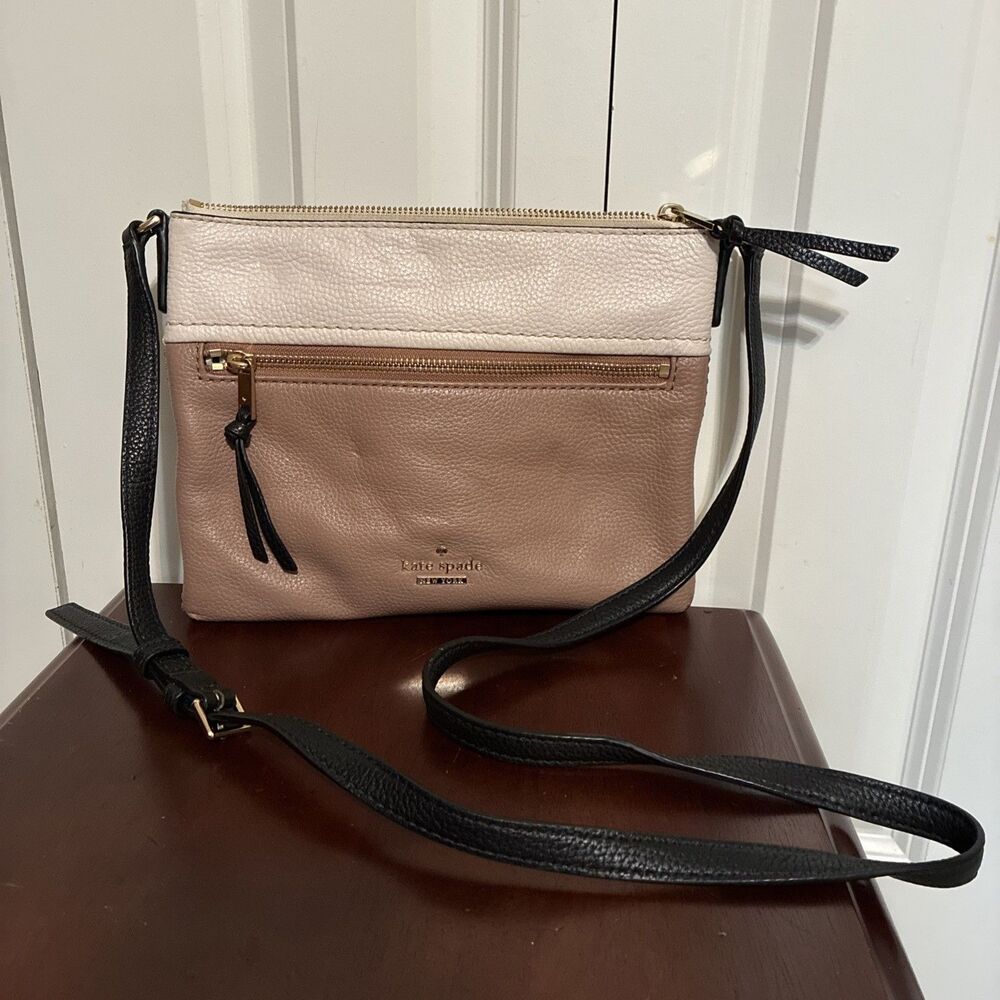 Kate Spade New York Jackson Zip Pebbled Leather Crossbody Bag Tan Cream Black - Picture 2 of 11